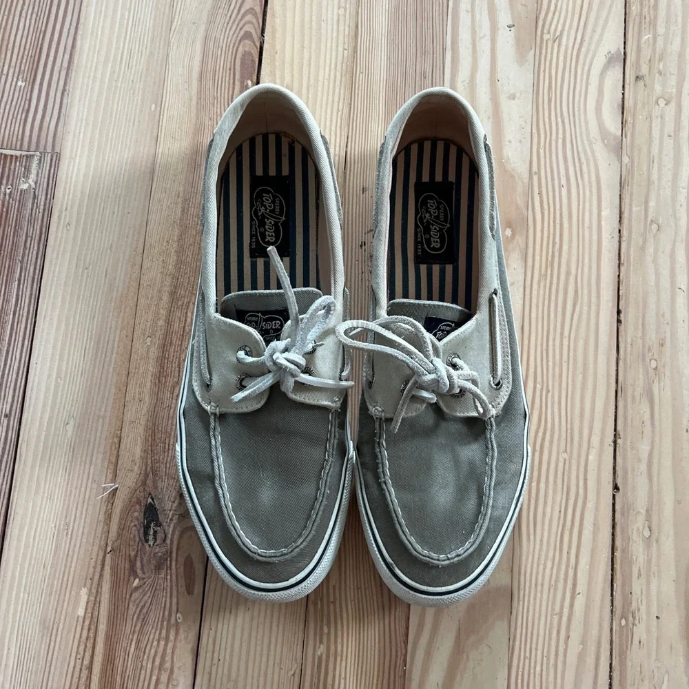Sperry Top-Sider Bahama Boat Shoes Men 10 Olive Green Beige Canvas Casual Loafer